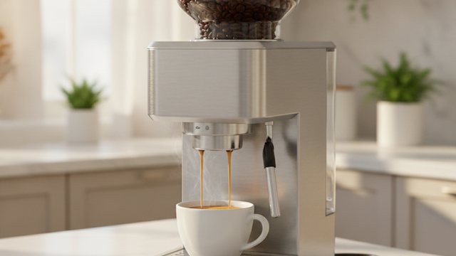 Bean-to-cup coffee machine pouring a coffee in a kitchen