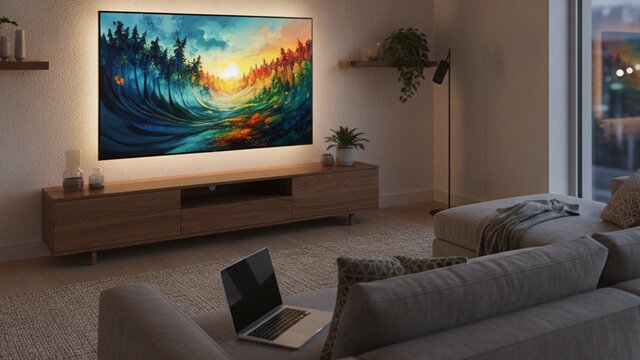 Large television and a laptop in a modern UK living room ready for Black Friday shopping
