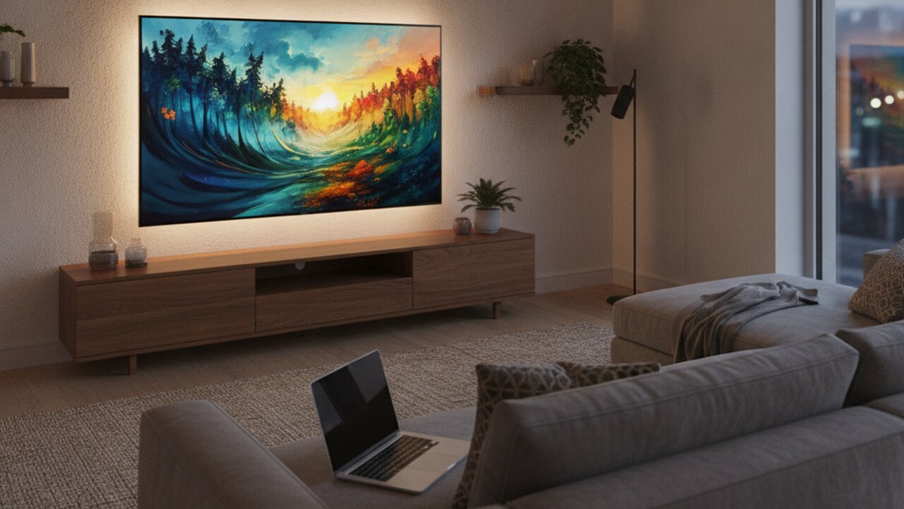 Large television and a laptop set up together in a modern UK living room ready for Black Friday shopping