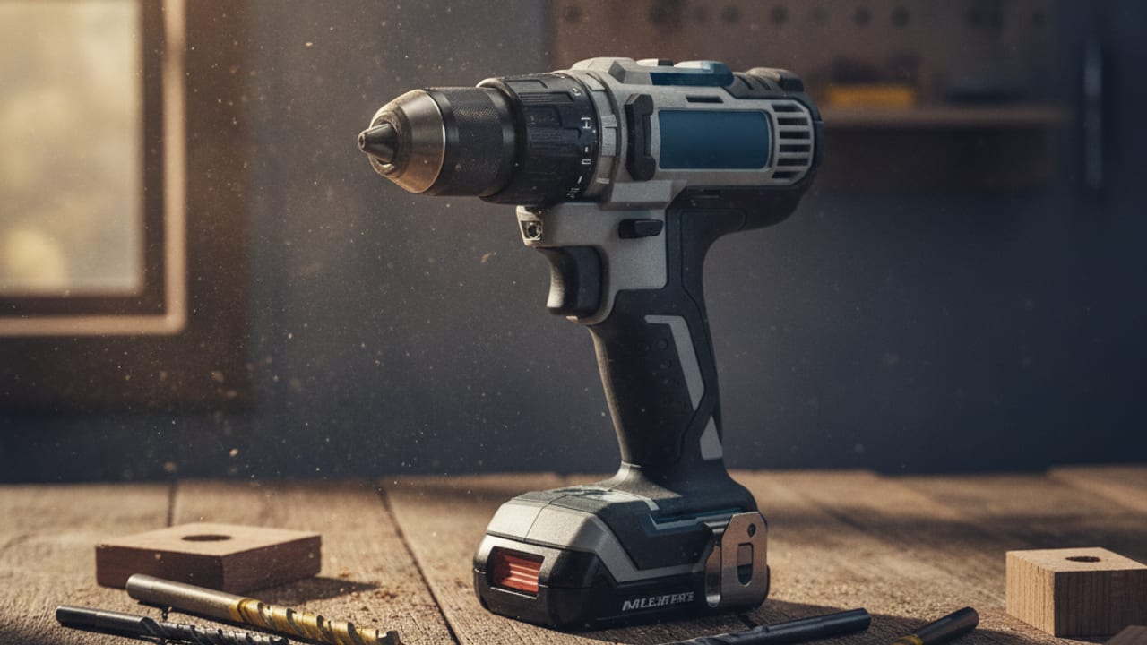Cordless combi drill resting on a workbench in a UK workshop