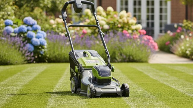 Cordless lawn mower on a neat British back garden lawn
