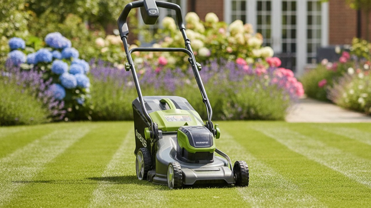 Cordless lawn mower on a neat British back garden lawn