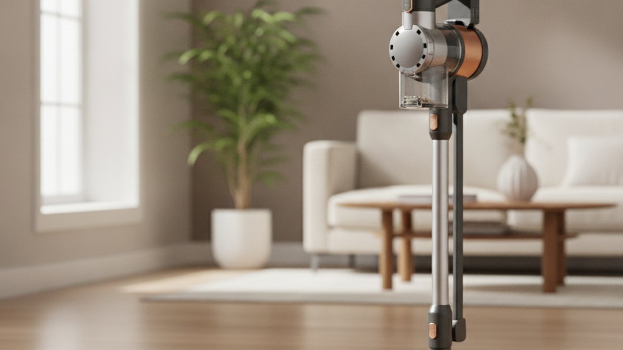 Cordless stick vacuum cleaning a wooden floor in a UK home