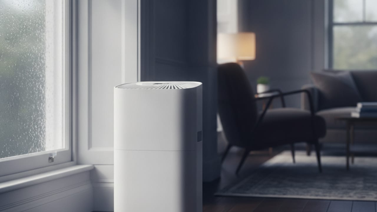 Dehumidifier running beside a condensation covered window in a UK home