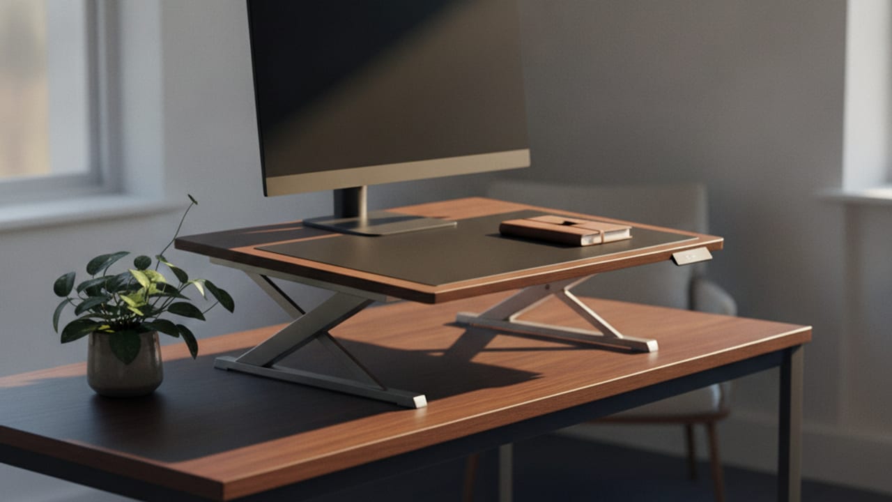 Standing desk converter raised on a home office desk in a UK study