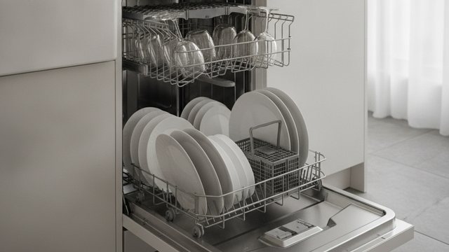 Stainless steel dishwasher open with clean dishes in a kitchen