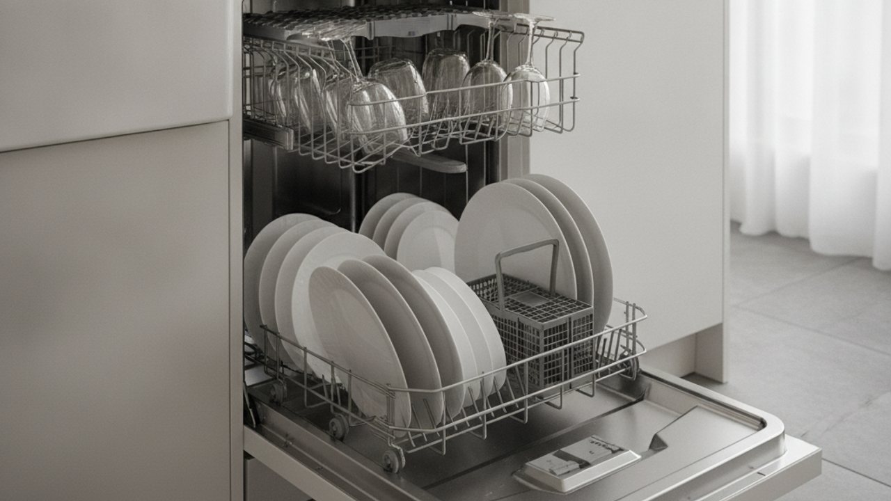 Stainless steel freestanding dishwasher open with clean dishes in a bright modern UK kitchen