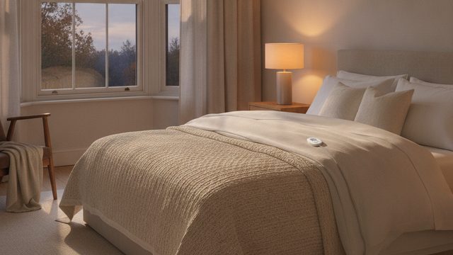 Double bed with a cream electric blanket and control handset in a warm UK bedroom
