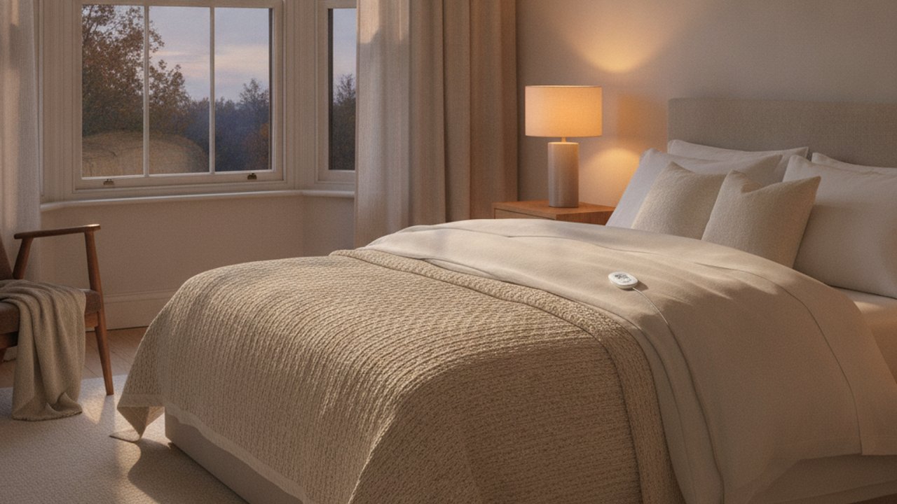 Double bed with a cream electric blanket and its control handset in a warm UK bedroom at dusk