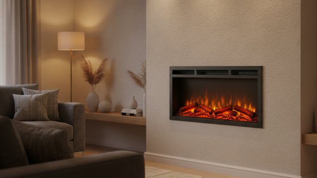 Wall mounted electric fireplace glowing in a living room