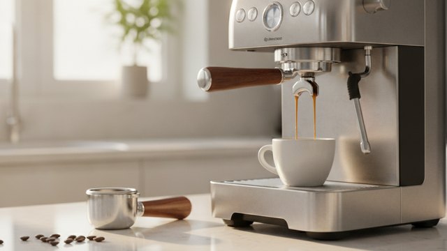 Espresso machine pouring a shot on a kitchen worktop