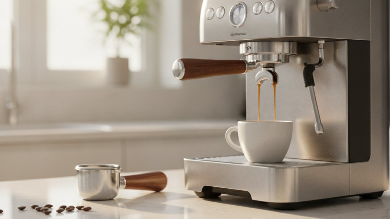 Espresso machine pouring a double shot into a cup on a UK kitchen worktop