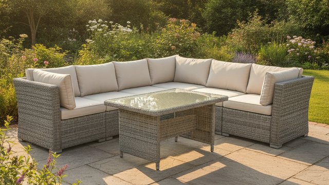 Grey rattan corner sofa set on a stone patio