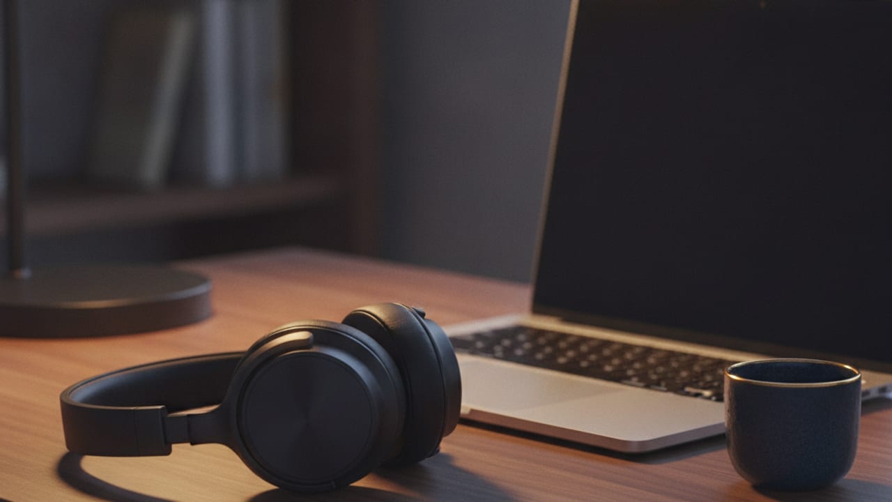Premium noise cancelling headphones on a desk beside a laptop in a UK home office