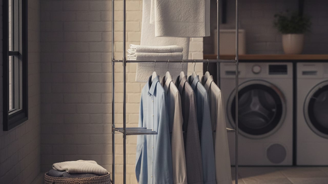 Three tier heated clothes airer drying laundry in a UK utility room
