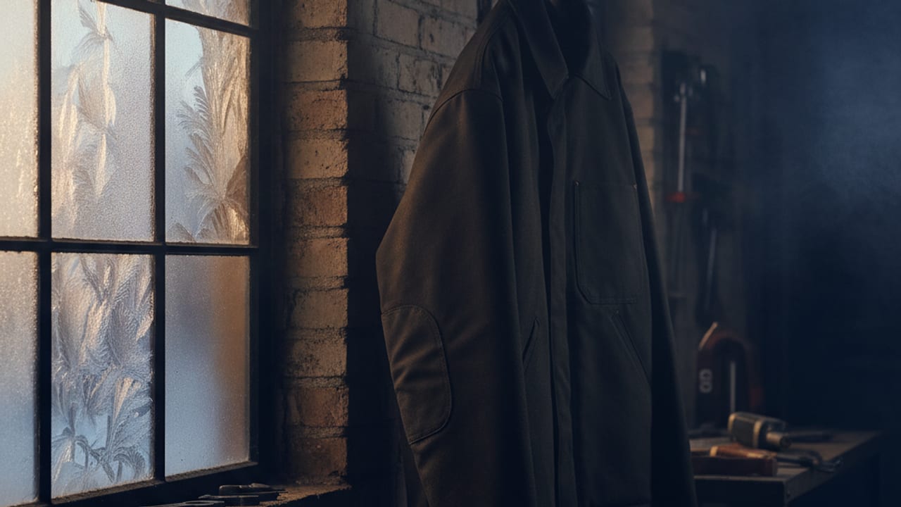 Heated work jacket with battery pack and controller button on a workbench
