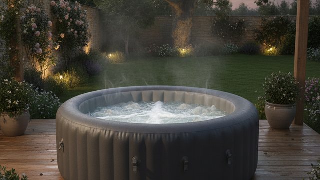 Inflatable hot tub bubbling on a garden patio