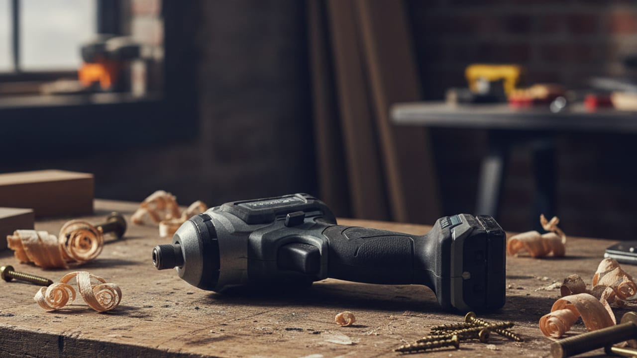 Cordless impact driver on a joinery workbench in a UK workshop