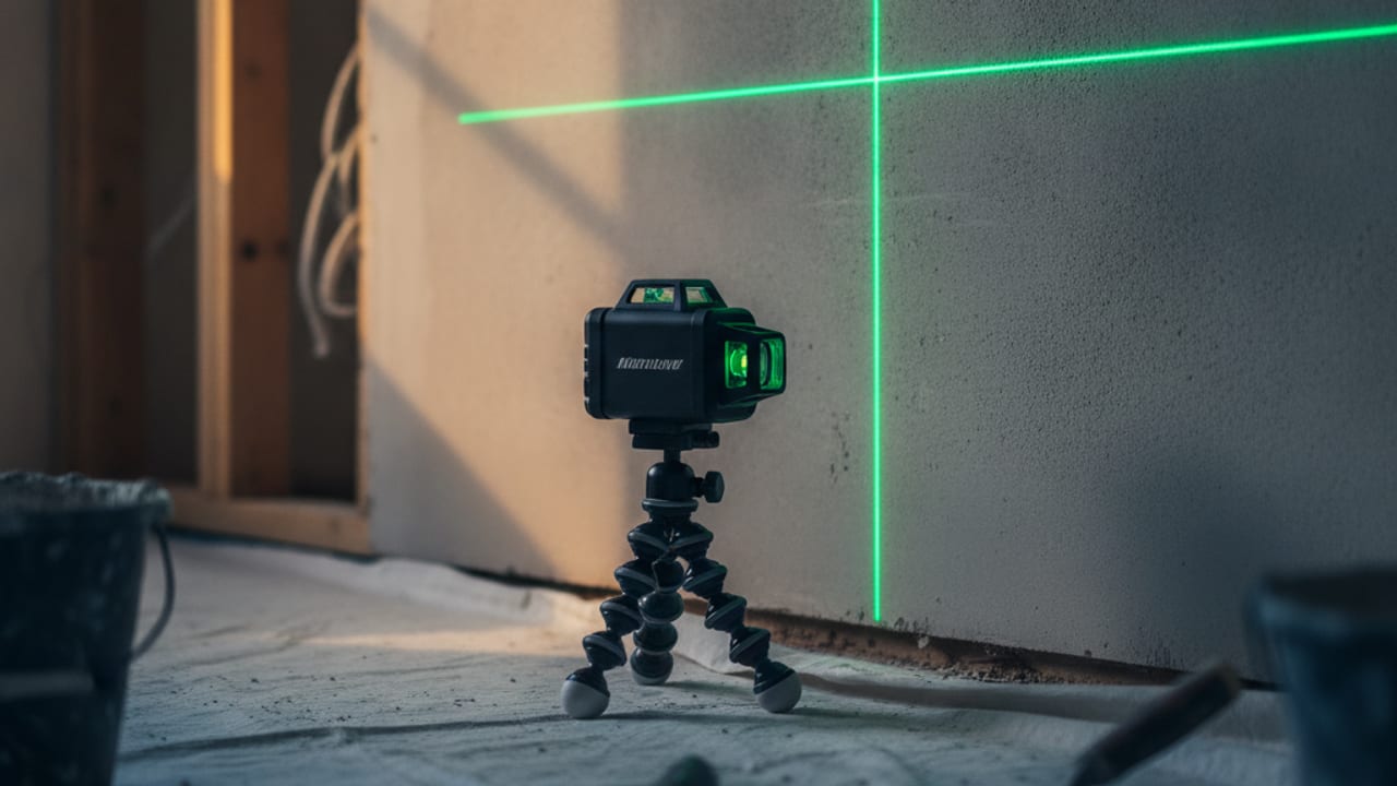 Green beam laser level projecting a line across a partly renovated UK room