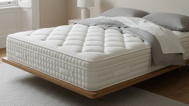 Quilted hybrid mattress on an oak bed frame in a bright bedroom
