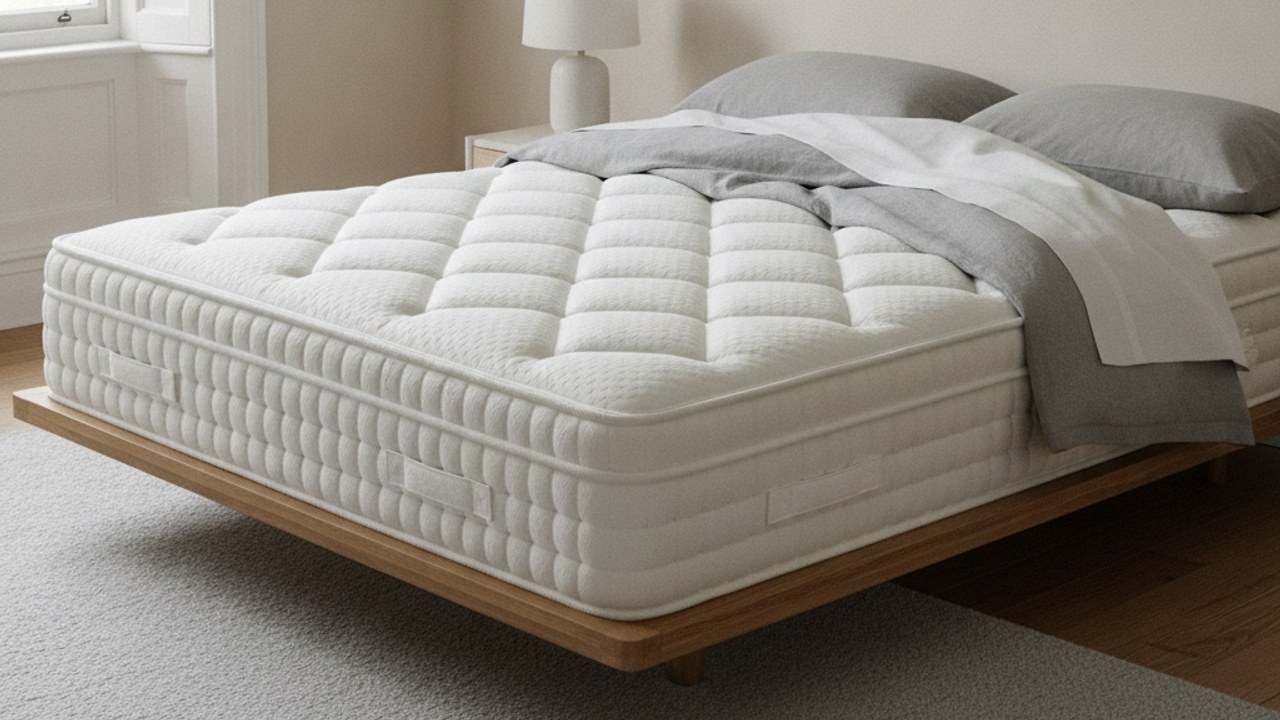 Quilted hybrid mattress on an oak bed frame in a bright British bedroom