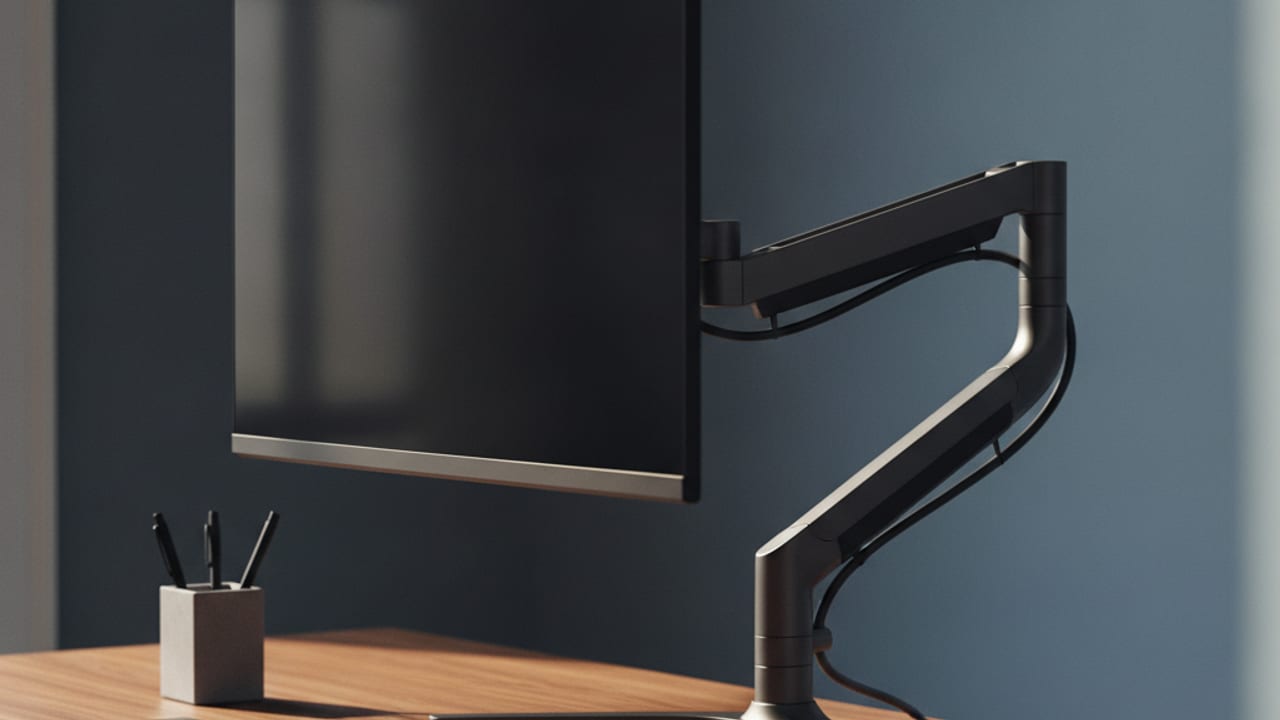 Monitor mounted on an adjustable arm at eye level above a tidy UK home office desk