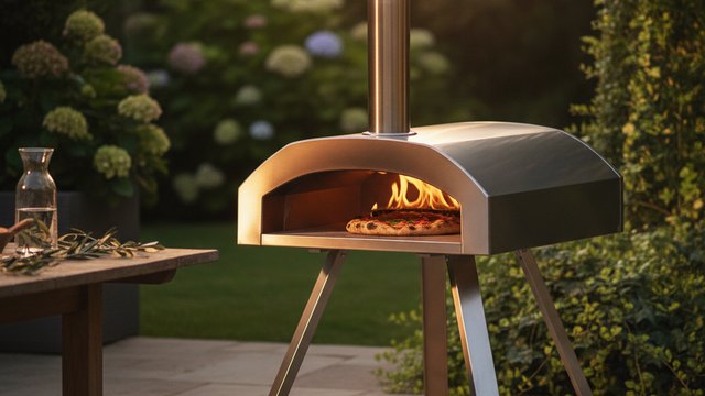 Outdoor pizza oven cooking a pizza on a British patio