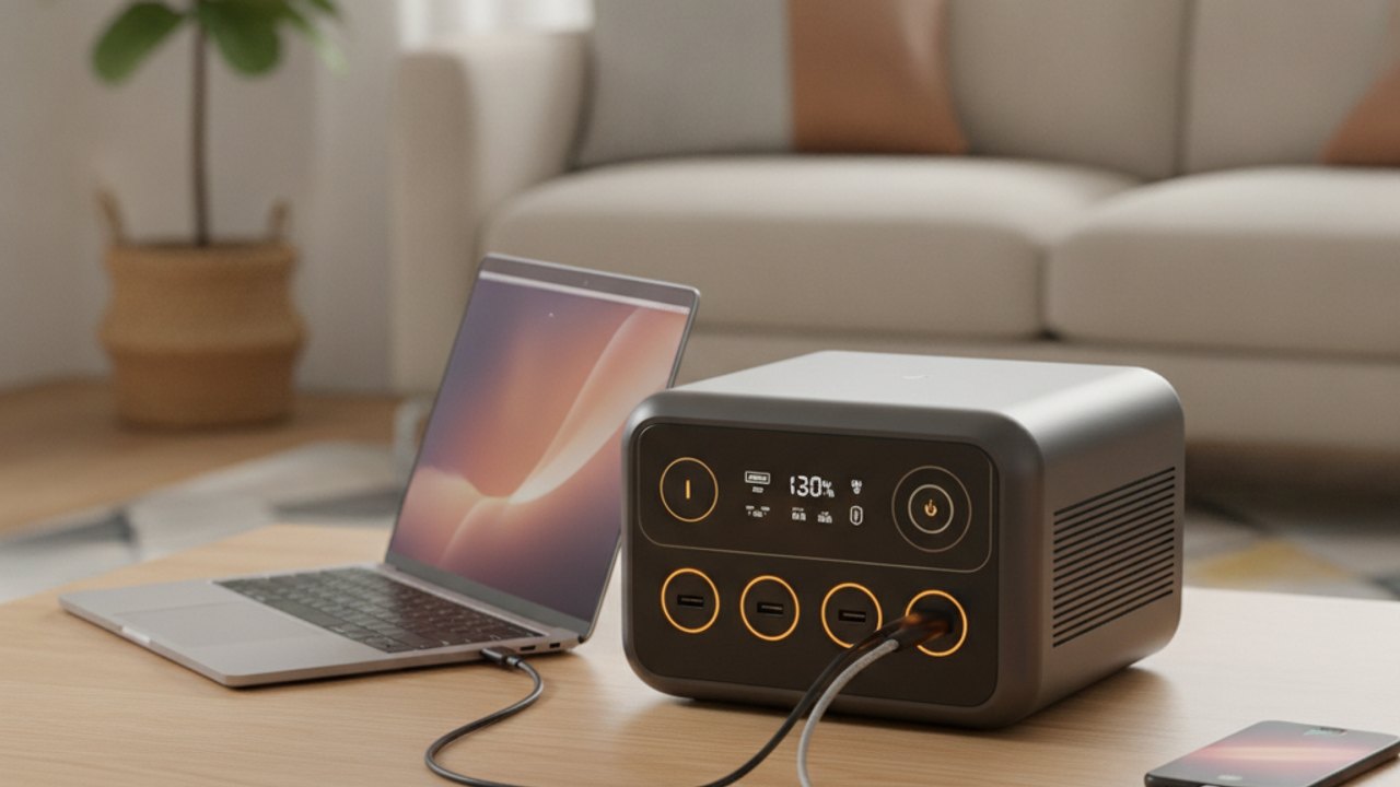 Portable power station charging devices on a table at home