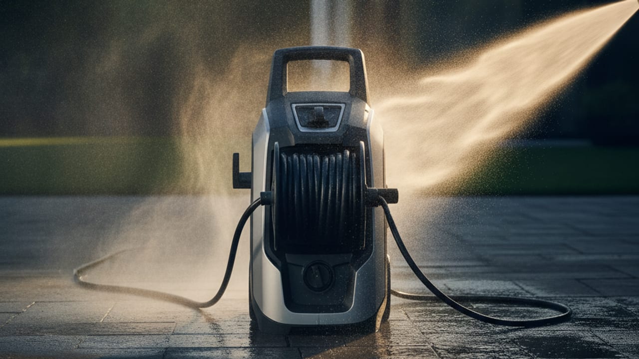 Pressure washer cleaning a stripe across a green algae covered UK patio