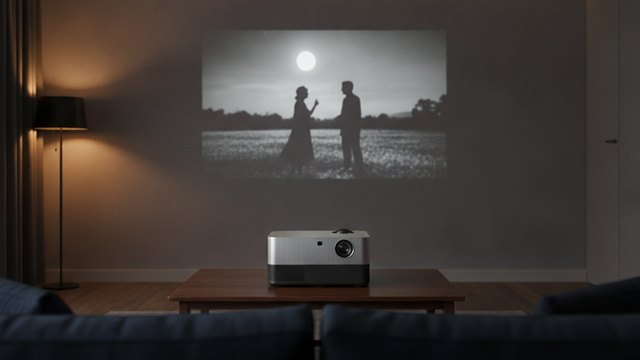 Home cinema projector showing a film on a wall