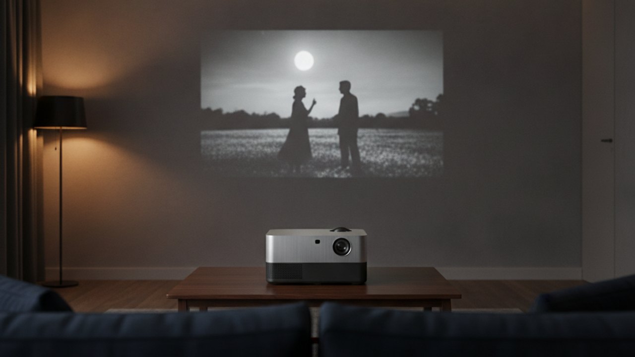 Home cinema projector showing a film on a wall in a dim UK living room