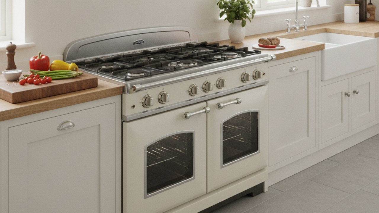 Cream and stainless steel dual fuel range cooker with a five burner hob in a bright modern UK kitchen