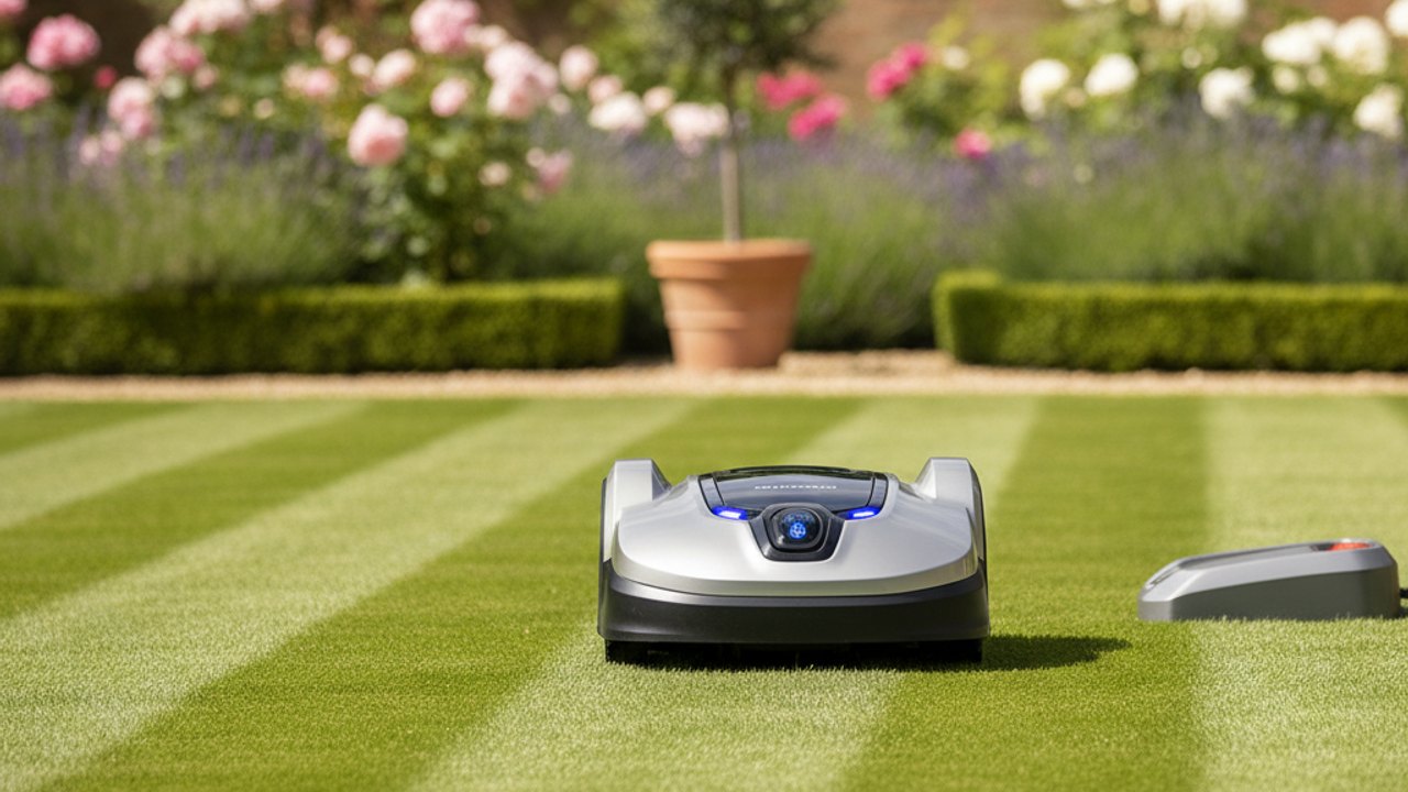 Robot lawn mower cutting a striped British garden lawn