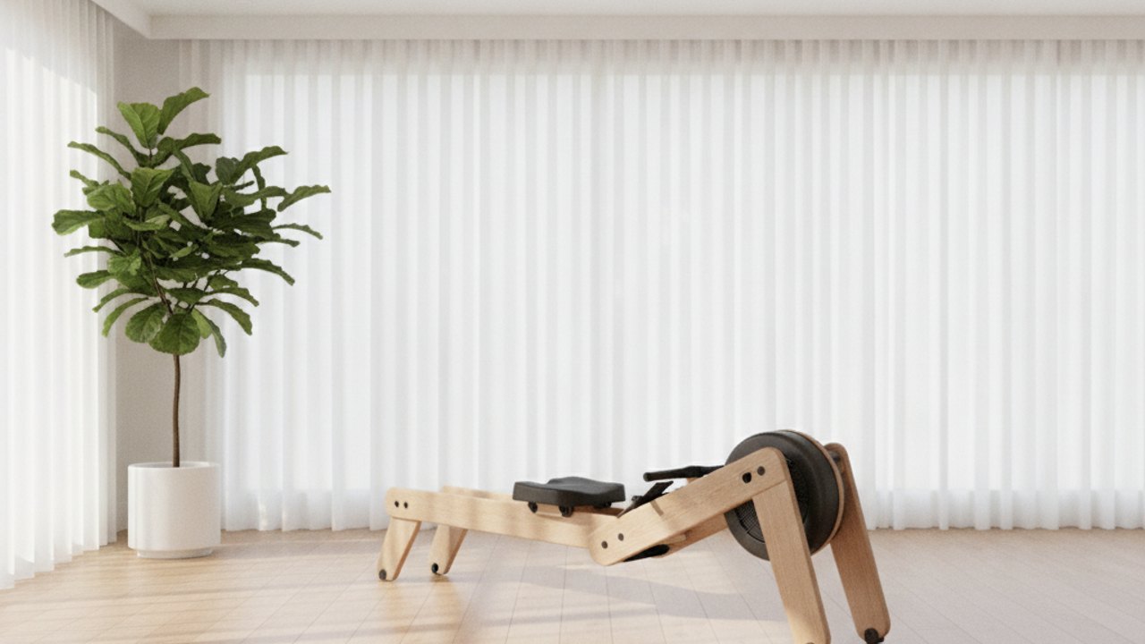 Rowing machine in a bright home gym room