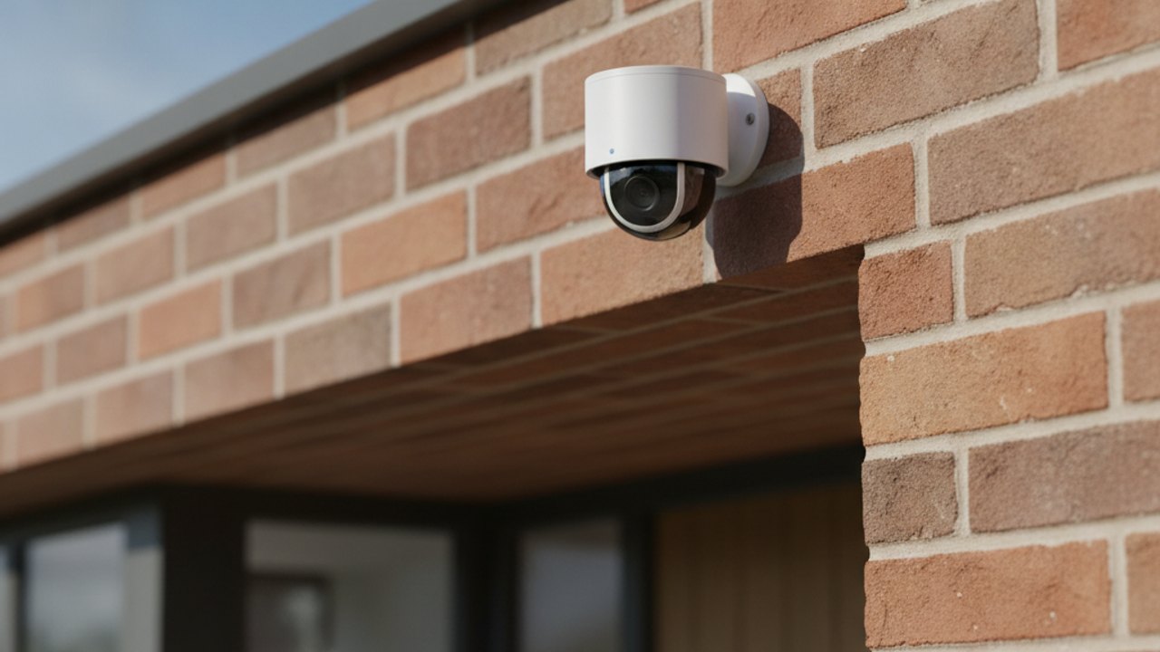 Home security camera mounted on the exterior wall of a UK house