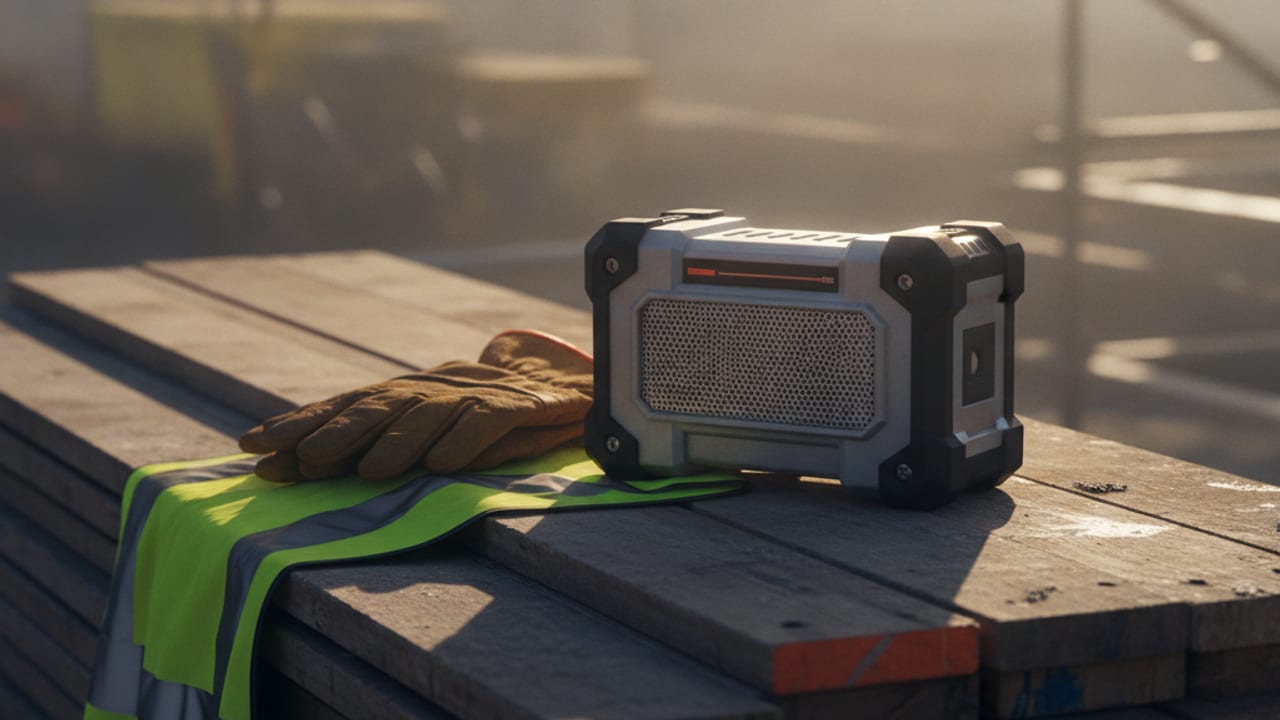 Rugged DAB+ site radio on a workbench in a UK workshop