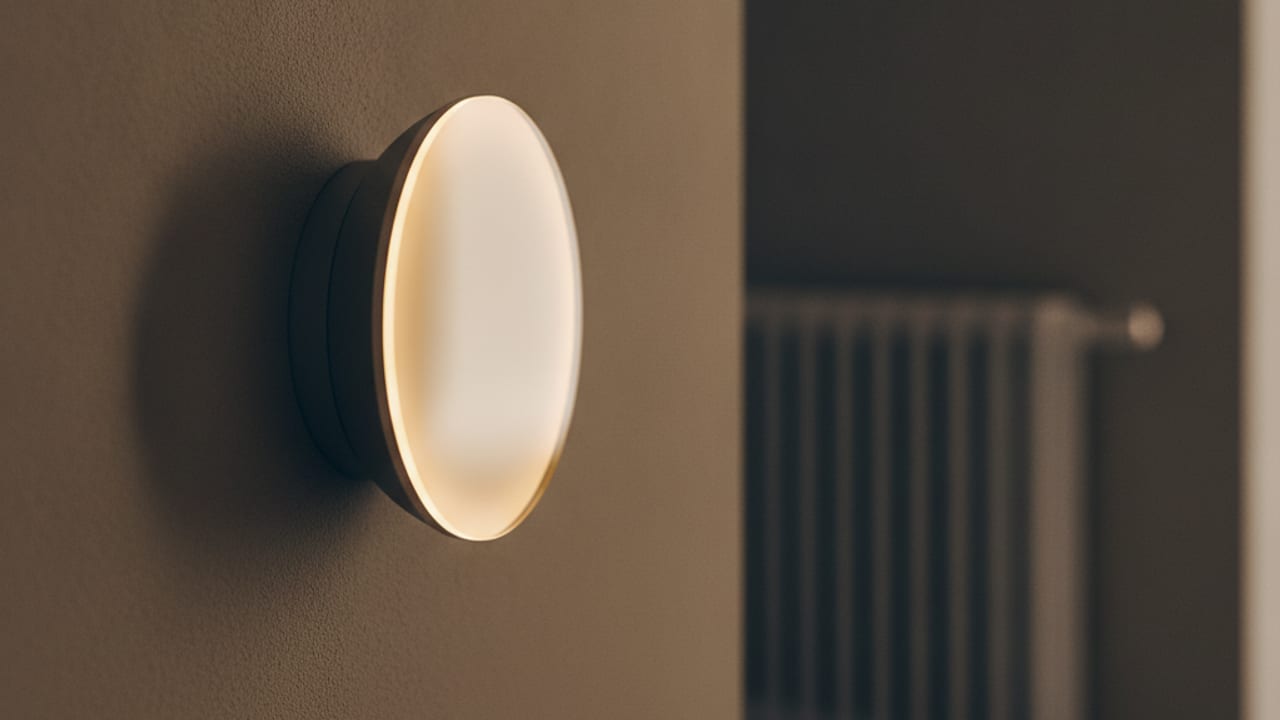 Smart thermostat mounted on a hallway wall in a UK home showing room temperature