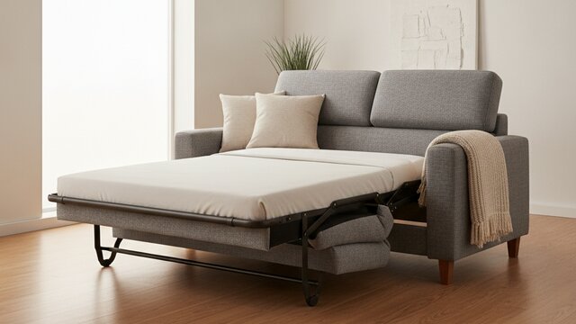 Grey fabric sofa bed converting into a flat bed in a bright living room