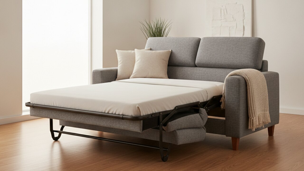 Grey fabric click clack sofa bed folded flat into a bed in a bright modern UK living room