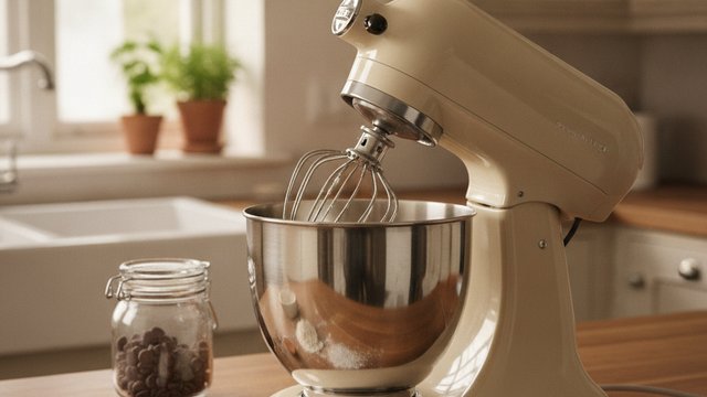 Cream stand mixer with stainless bowl on a kitchen worktop