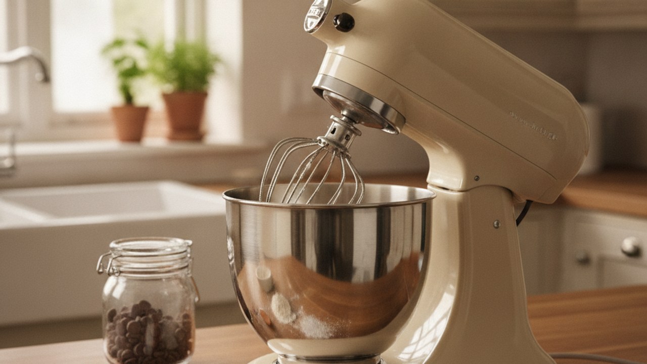 Cream stand mixer with stainless steel bowl on a wooden kitchen worktop