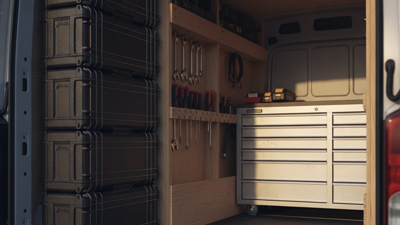 Secure steel tool chest bolted inside a UK trade van
