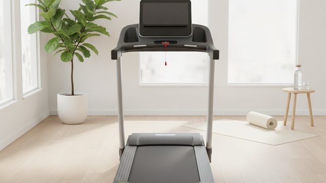 Folding treadmill set up in a bright home