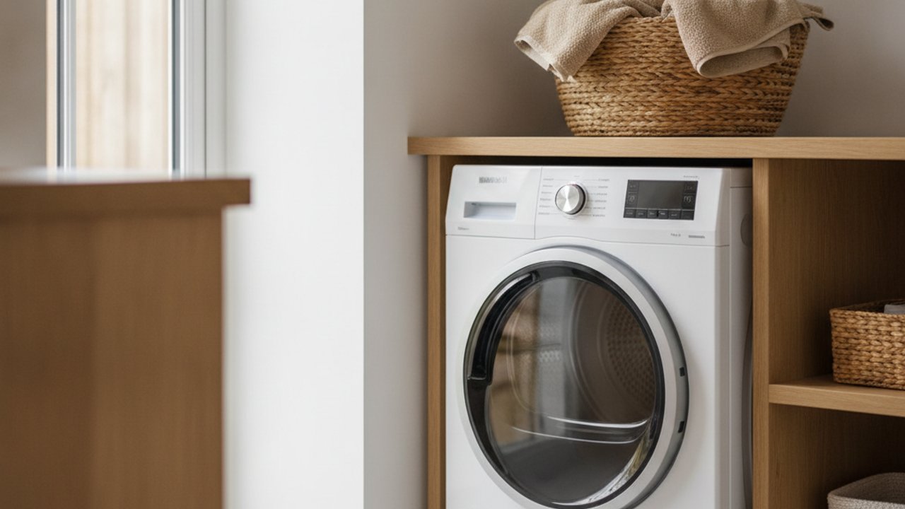 White heat pump tumble dryer in a bright UK utility room with folded towels in a wicker basket on top