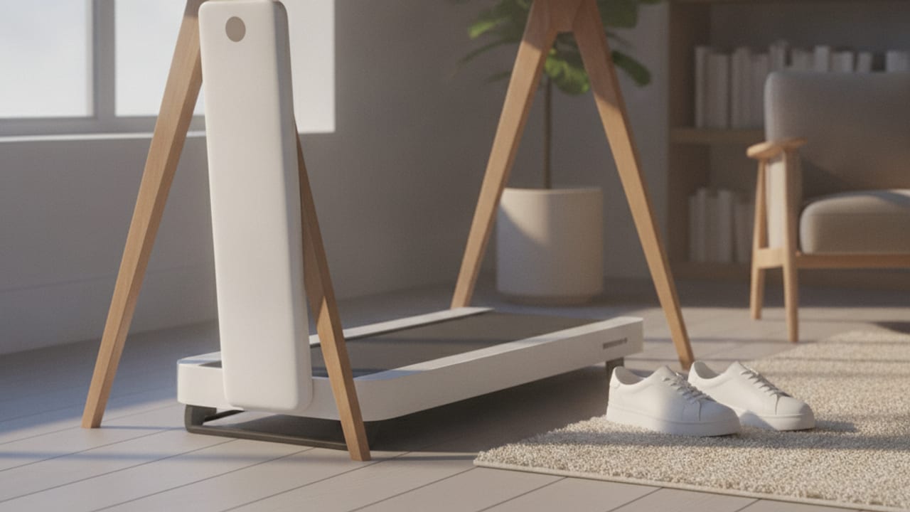 Walking pad in use under a standing desk in a UK home office