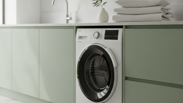 Modern white front loading washing machine built into a sage green UK kitchen