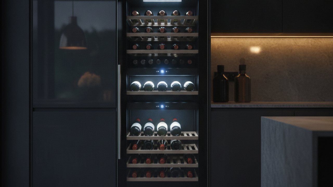 Freestanding glass fronted wine cooler filled with bottles glowing softly in a modern UK kitchen