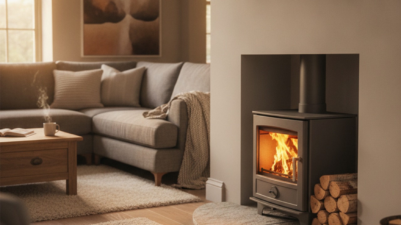 Cast iron wood burning stove with a glowing fire in a UK living room