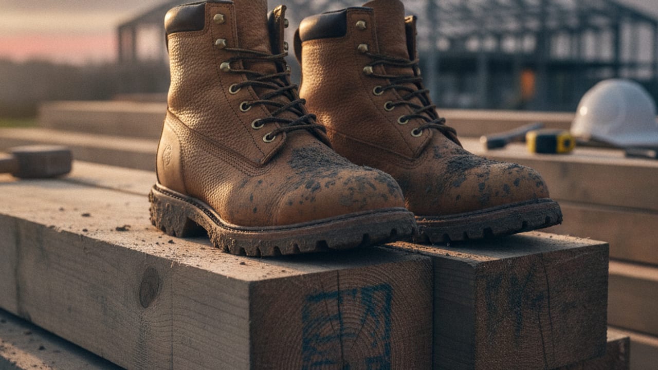 Pair of S3 safety work boots on a muddy UK construction site